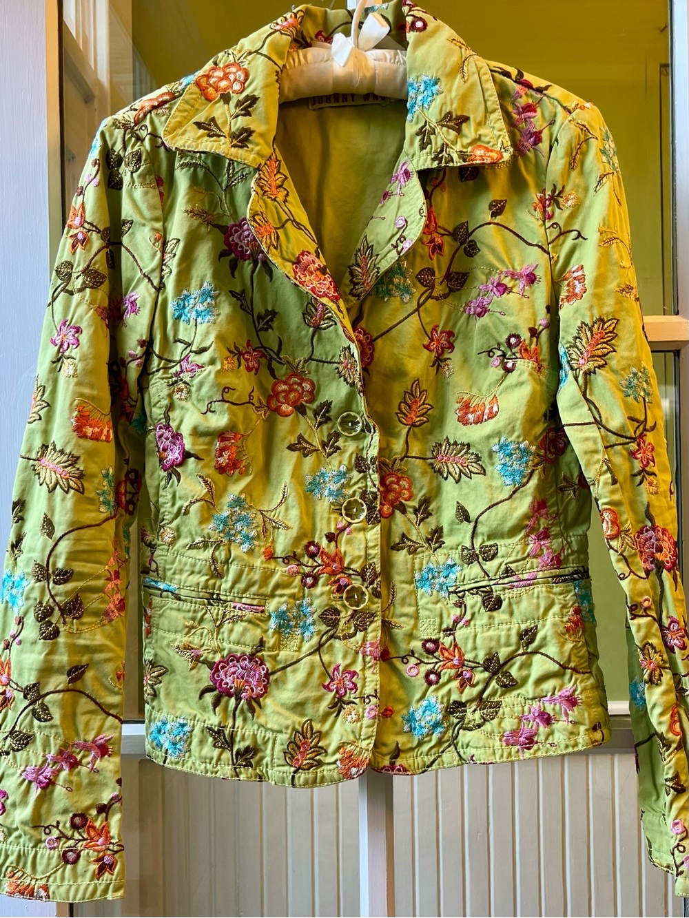 Johnny Was Lime Green Embroidered Floral Blazer Jacket with Flower Buttons